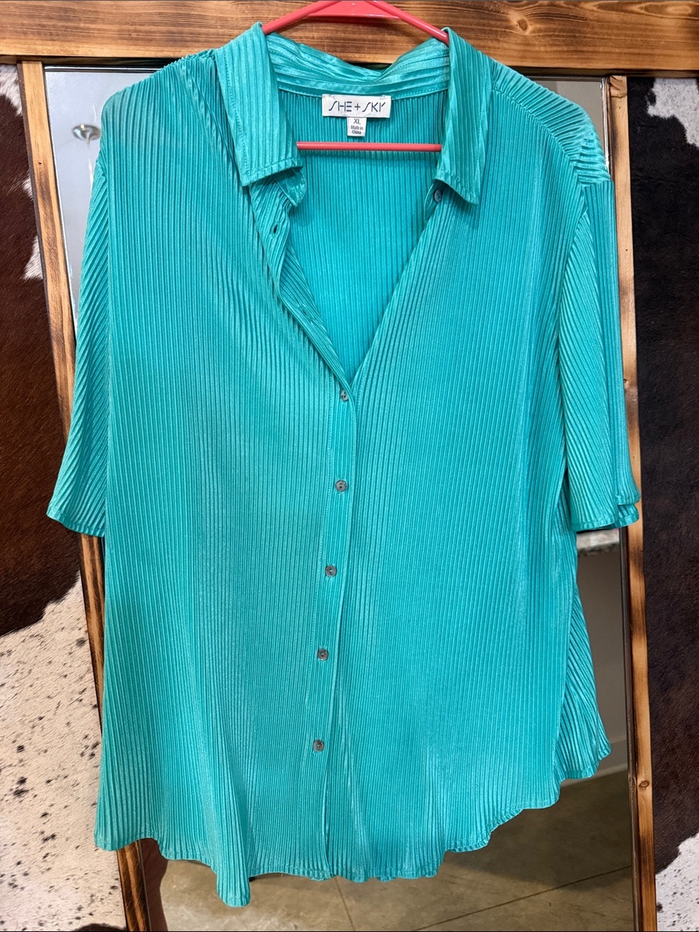 Pleated Button-Front Women's Teal Set